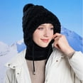 thumbnail image 5 of Women’s Knitted Beanie Hat with Face Cover - 3 in 1 Winter Balaclava with Mask Scarf Ear Muffs Pompom Fleece Lined Snow Caps Winter Gifts for Women Black, 5 of 5