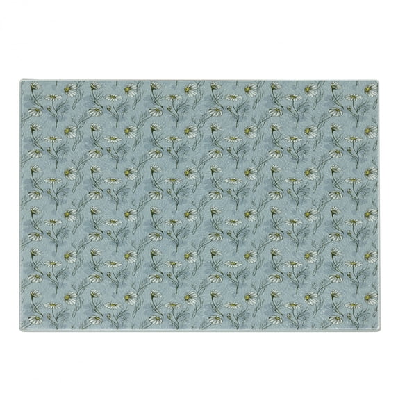 Daisy Cutting Board, Hand-Drawn Chamomile Flower Blooms on Silhouette Patterned Background Gardening Theme, Decorative Tempered Glass Cutting and Serving Board, Small Size, Multicolor, by Ambesonne