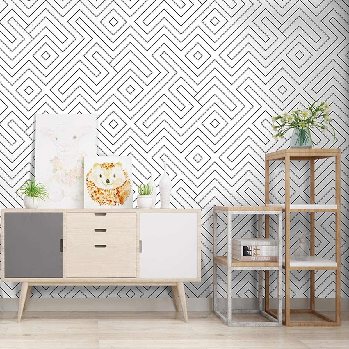 Modern Geometric Peel and Stick Wallpaper 17.7"x 19.7ft, Black and White