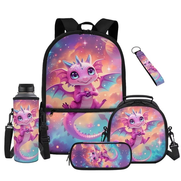 Bulopur Galaxy Pink Dragon Kids Backpack Set 5 Pcs Kawaii Book Bag with Lunch Bag, Pencil Case, Water Bottle Cover and Wrist Strap for Girls Ages 6-12
