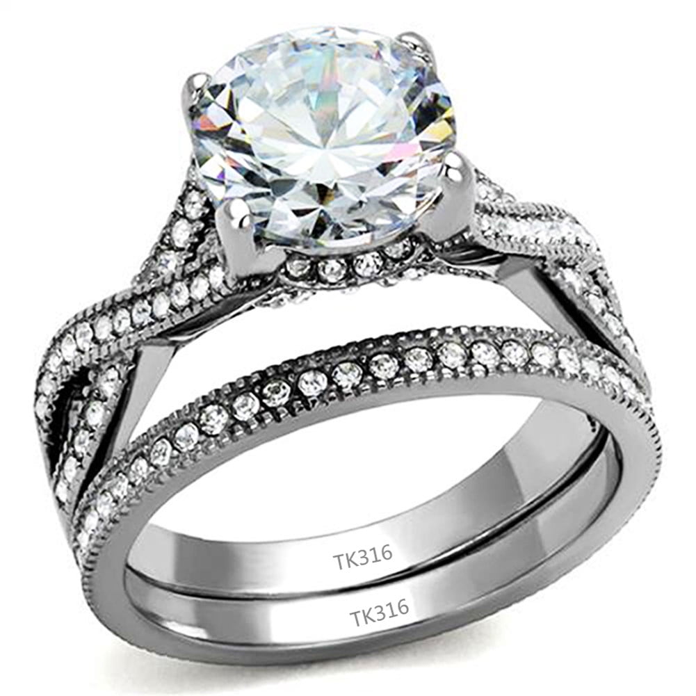 1.25 Ct Round Cut CZ Stainless Steel Engagement Wedding Ring Set Women's Sz 5-10 
