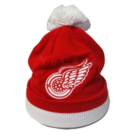 - Mitchell and Ness NHL Detroit Red Wings Big Logo Stripe Cuffed Knit Pom Beanie Hat