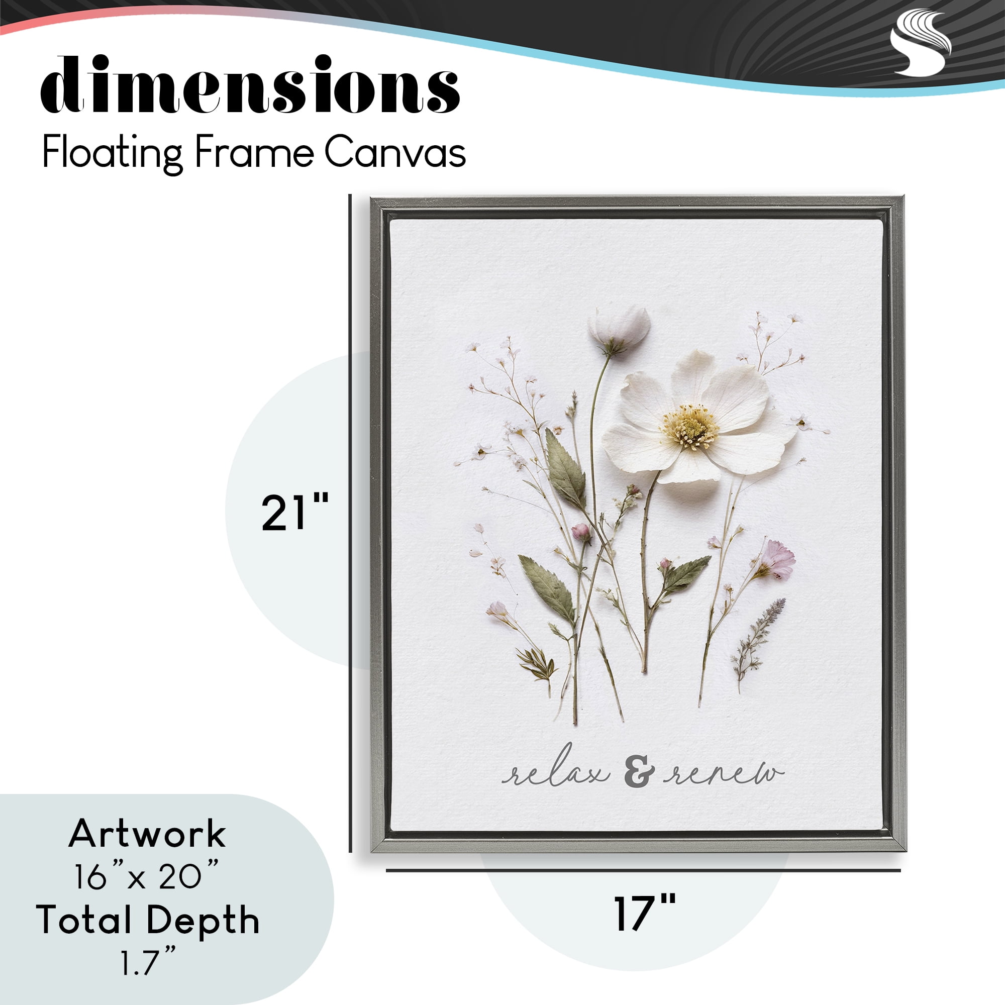 Pressed Flower Relax & Renew Gray Framed Floater Canvas Wall Art, design by Lettered and Lined
