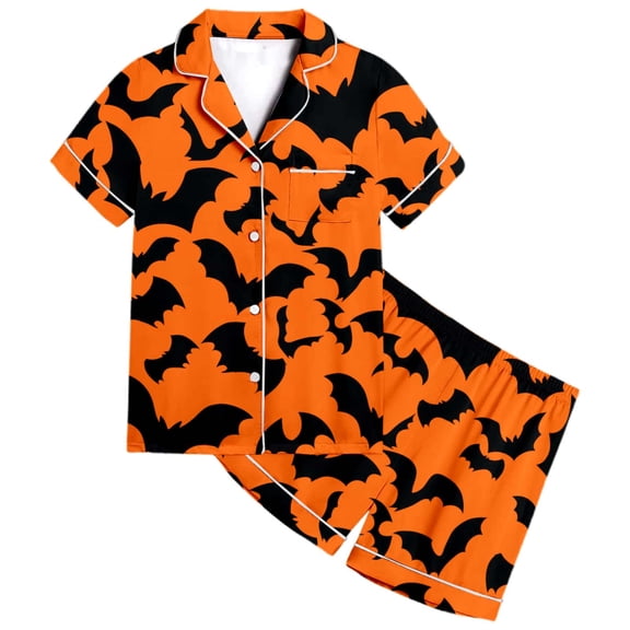 RUTAYY Girls Halloween Pajama Set 2 Piece Bat Graphic Button Down Short Sleeve Sleepwear Holiday Outfit Orange