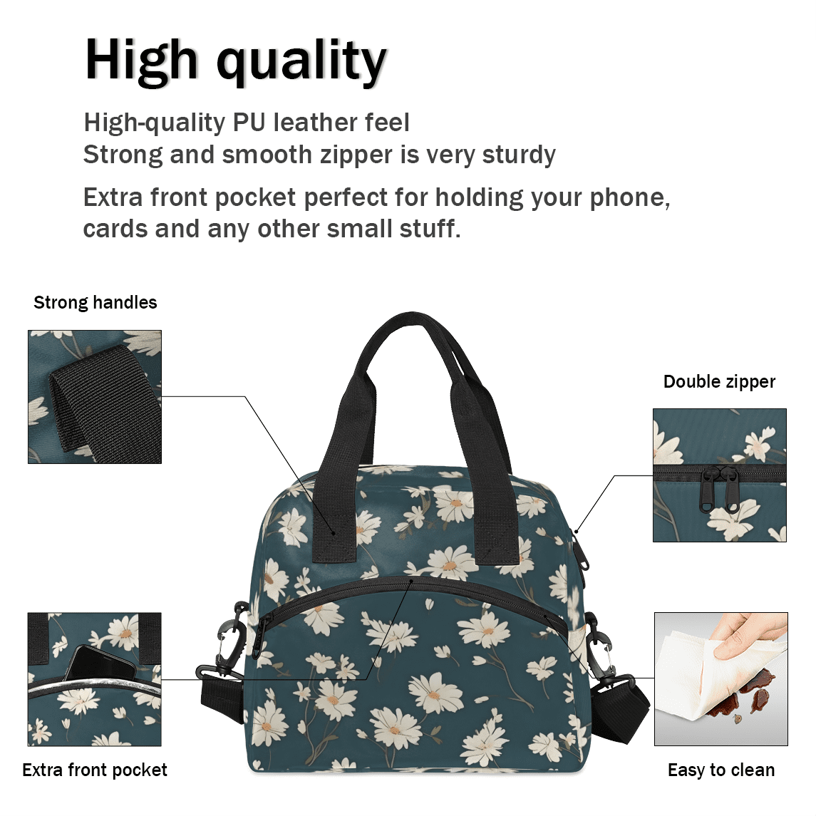Herdesigns Daisy Insulated Lunch Bag for Women Men Adults Large Reusable Lunch Box Daisy Flower Leakproof Cooler Tote Bags with Adjustable Shoulder Strap