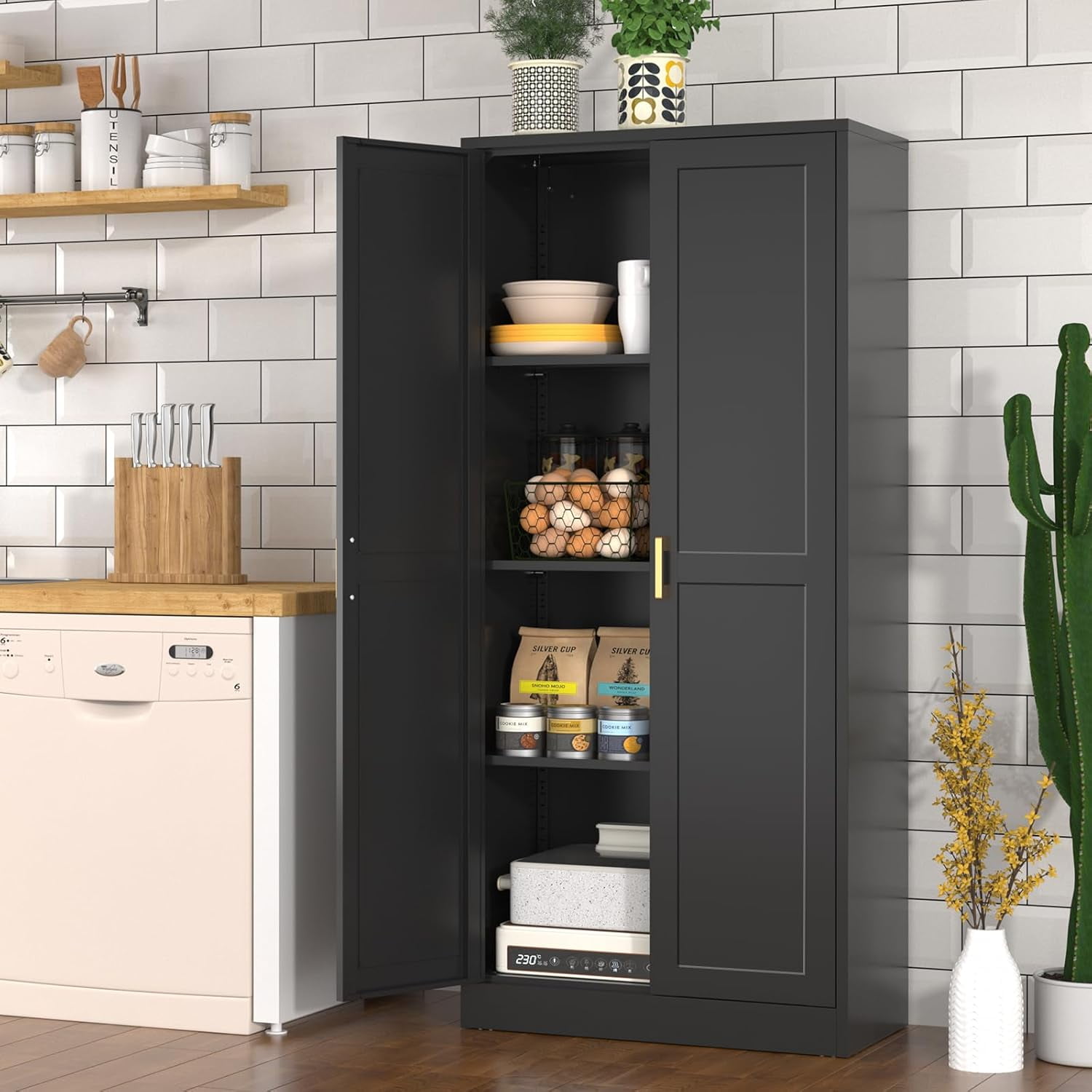 Polup 60'' Tall Metal Pantry Cabinet Cupboards with Doors Adjustable Shelves Black Cabinet Office