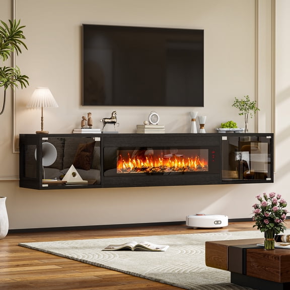 70" Floating Glass Fireplace TV Stand with 36" Electric Fireplace, Modern Wall Mount Media Console for 80" TVs, Fireplace Entertainment Center with Realistic LED Flame for Living Room