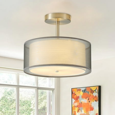 

Aiwen 3-Light Semi Flush Mount Ceiling Light Modern Brushed Nickel Double Fabric Drum Shade Close to Ceiling Light Fixture for Living Room Bedroom Foyer Hallway