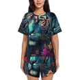 thumbnail image 1 of Xecao Colorful Flower Tiger Pattern Women's Short Sleeve Pajama Set Soft Sleepwear Lounge Set with Button Front Top and Drawstring Shorts with Pockets-Large, 1 of 6