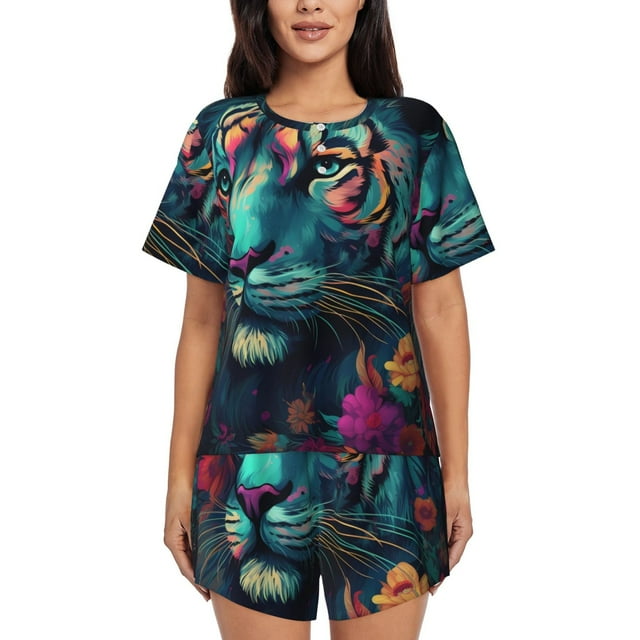 Xecao Colorful Flower Tiger Pattern Women's Short Sleeve Pajama Set Soft Sleepwear Lounge Set with Button Front Top and Drawstring Shorts with Pockets-4X-Large