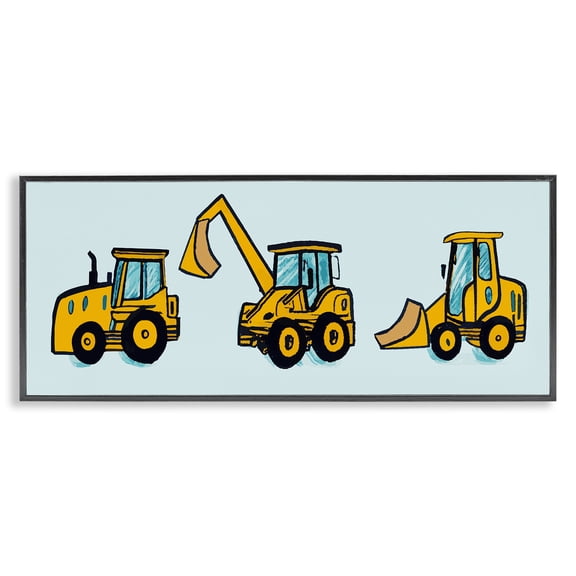 Stupell Industries Contemporary Bulldozers on Blue Black Framed Giclee Art, 30 x 13, by Lil' Rue