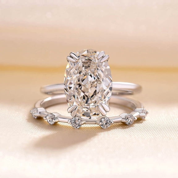 Kalapi Jewel 1.5 Ct Oval Cut Moissanite Ring Set - 14K White Gold Plated Engagement Solitaire Double Prong Ring Set for Her - Birthday Gift for Proposals and Anniversaries