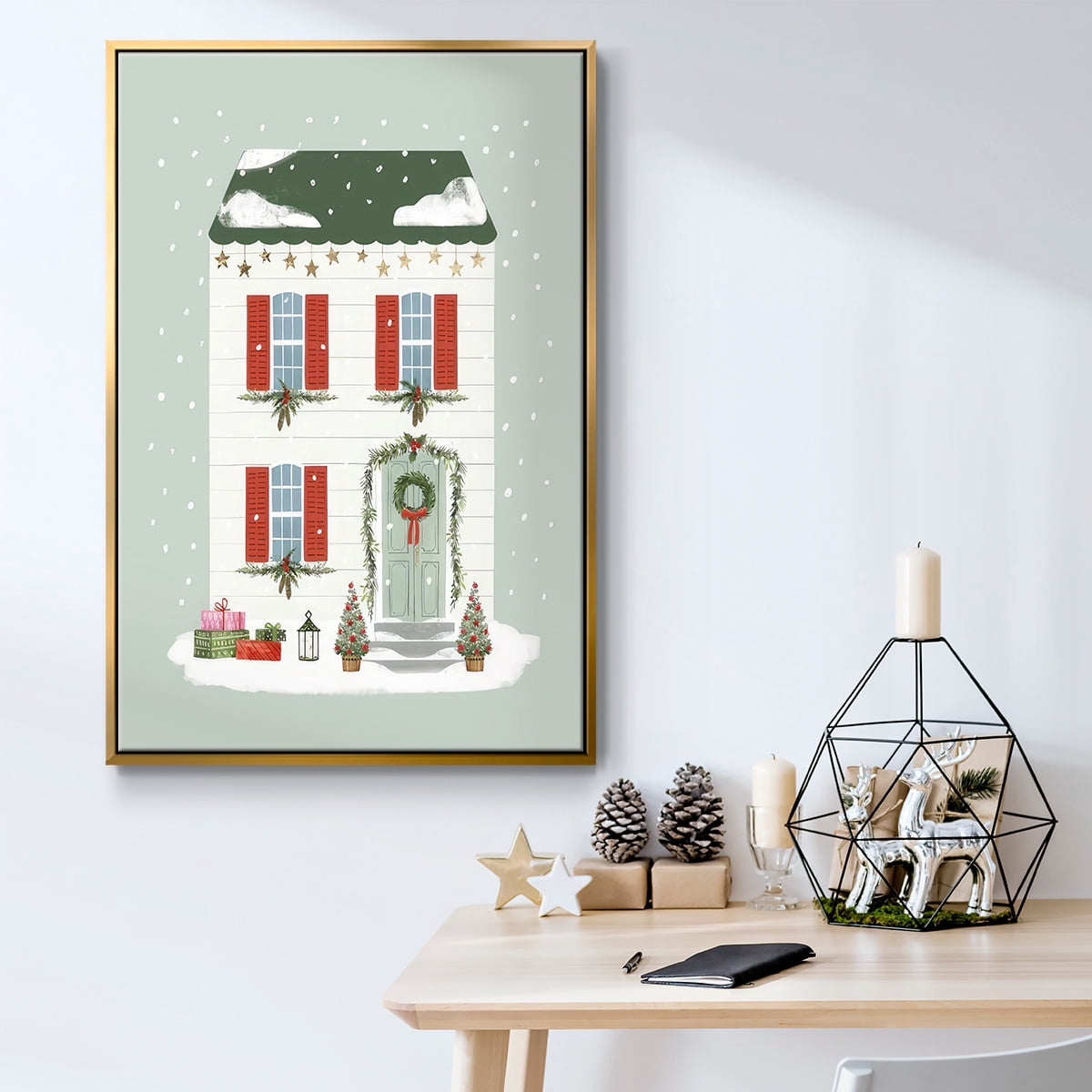 Festive Front Door IV - Framed Gallery Wrapped Holiday Canvas - 17 x 25 - Gold Frame