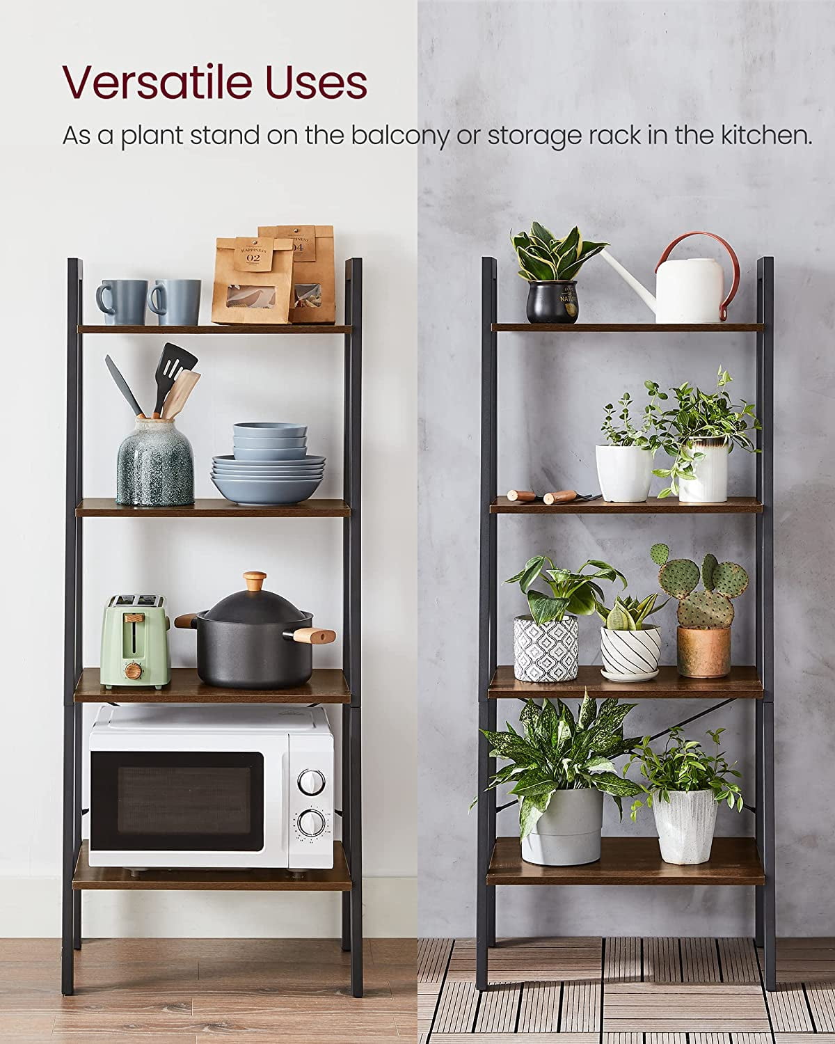 ALINRU Ladder Shelf 4-Tier Bookshelf Storage Rack Shelves Bathroom Living Room Rustic Dark Brown and Black