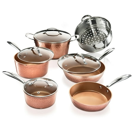 Gotham Steel Hammered Collection – 10 Piece Premium Cookware Pots and Pans Set with Triple Coated Nonstick Copper Surface, Oven, Stovetop & Dishwasher