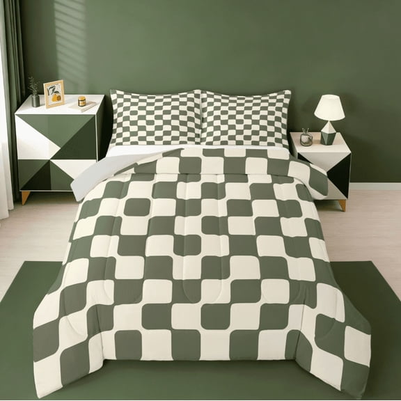 Manfei Geometric Plaid Bedding Twin Comforter Set,Modern Minimalist Art Down Comforter,Green Beige Bedding Sets Twin with Comforter,Breathable Room Decorative Reversible,2 Pieces