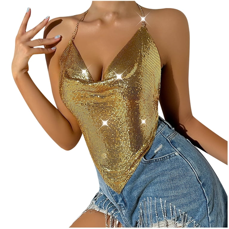 Bigersell Sequin Crop Tops for Women Sparkly Halter Neck Cropped