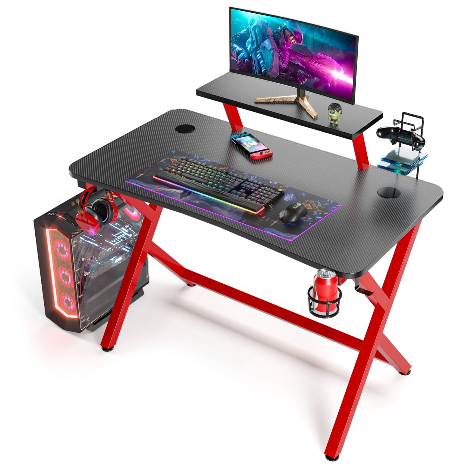 SIMBR Gaming Desk 43 Inch Computer Desk Gaming Table X Shaped Gamer Table PC Gaming Workstation Home Office Desk with Carbon Fiber Surface Controller