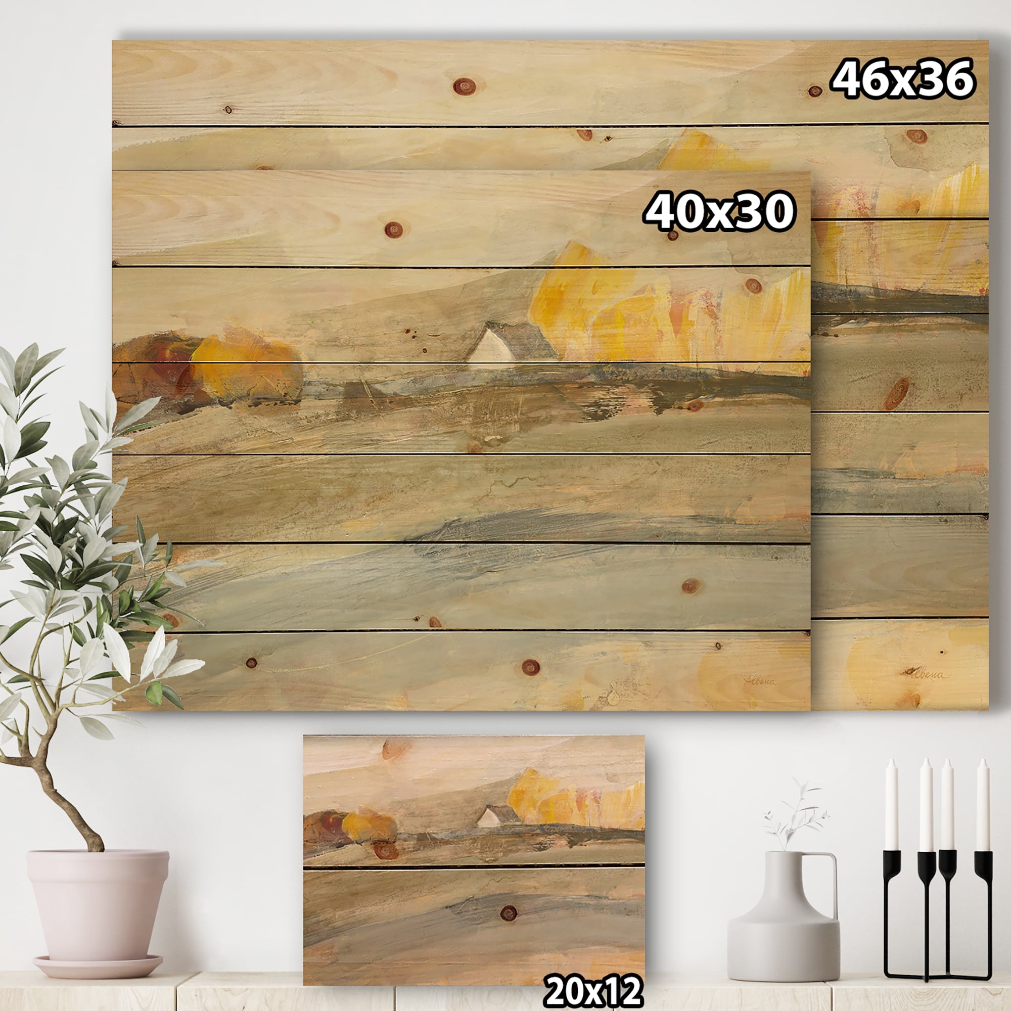 Designart 'Orange Brown Abstract Farm House' Modern Farmhouse Print on Natural Pine Wood