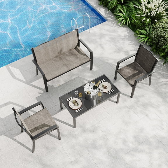 Relax & Entertain Outdoors – 4-Piece Patio Bar Table and Chairs Set with Loveseat, 2 Textilene Chairs & Glass Coffee Table – Rust-Resistant Metal, Space-Saving – Light Brown