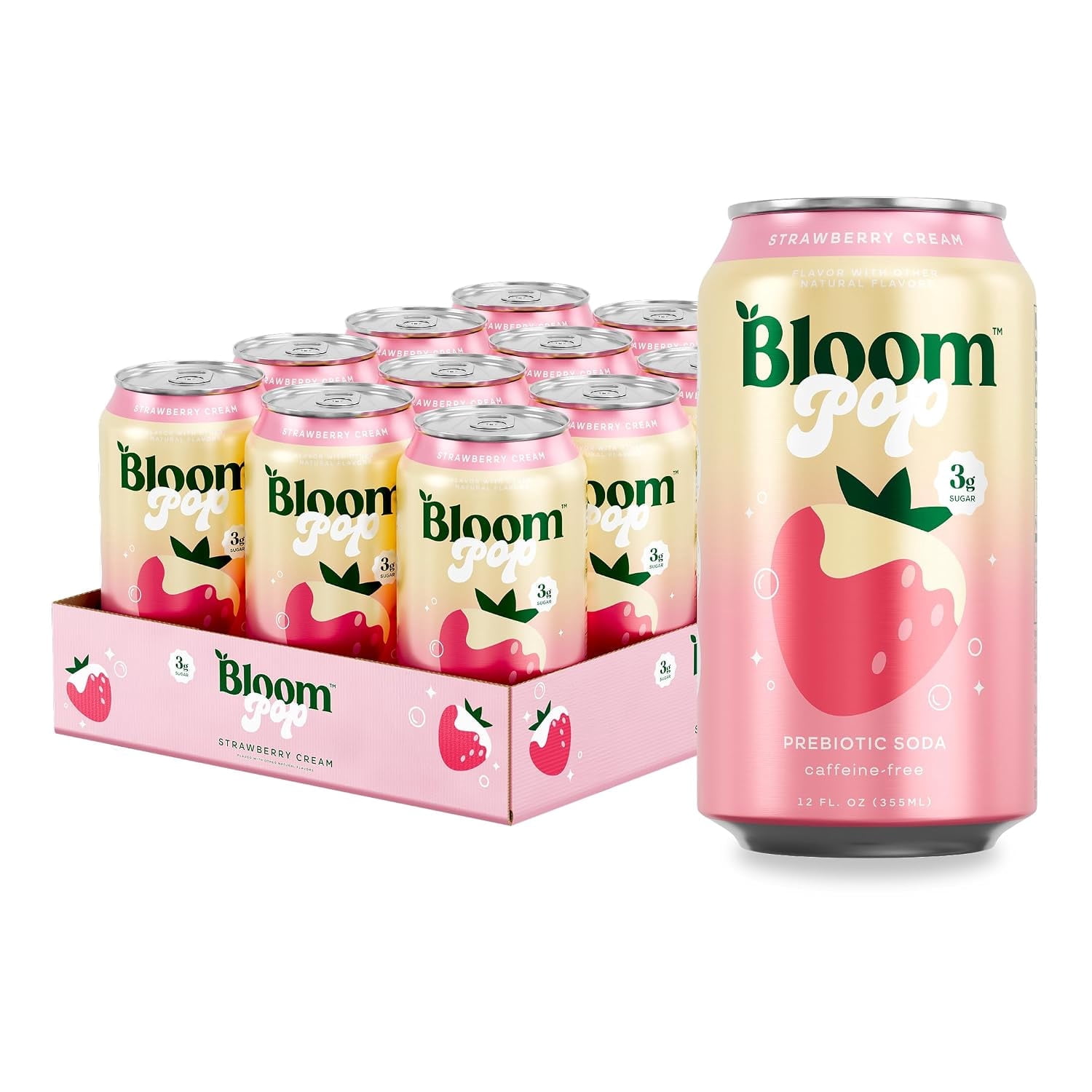 Bloom Pop Prebiotic Soda, Strawberry Cream, 12-Pack, 12oz Cans