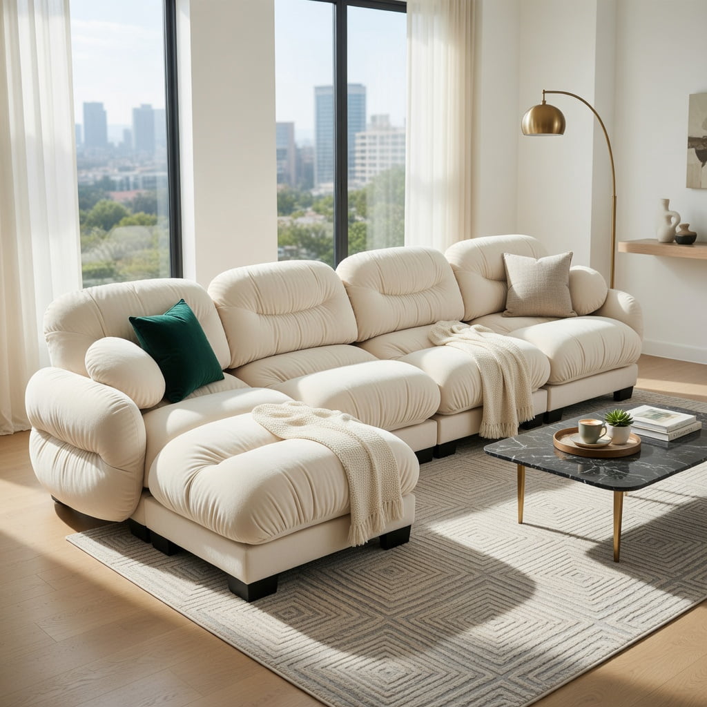 Hommoo Chenille U-Shaped Modular Sectional Sofa with Ergonomic Foam, 4-Seat Pleated Design + 2 Ottomans & 2 Round Throw Pillows, Beige