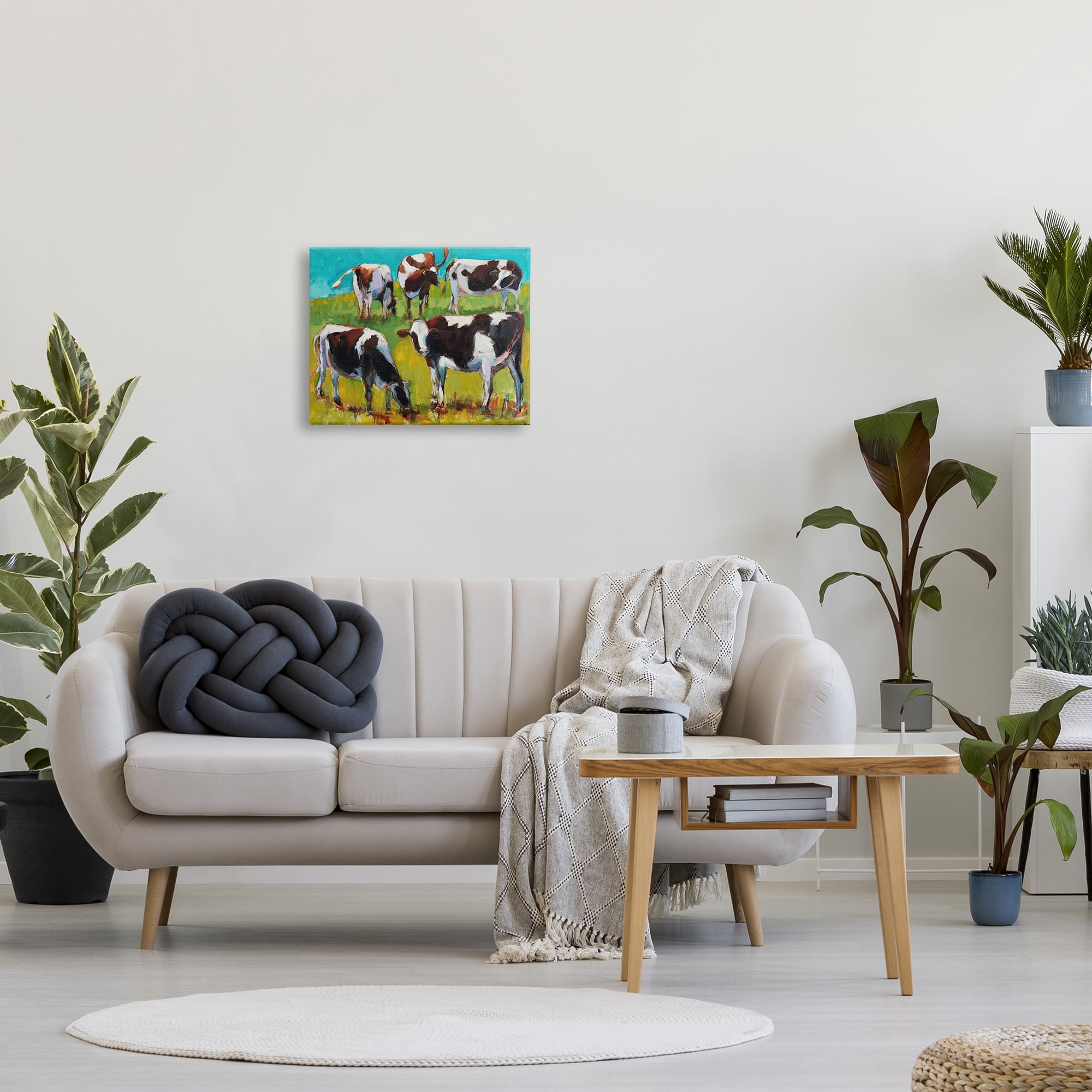 Stupell Industries Cows Grazing Modern Painting Animals & Insects Painting Gallery Wrapped Canvas Print Wall Art, 20 x 16