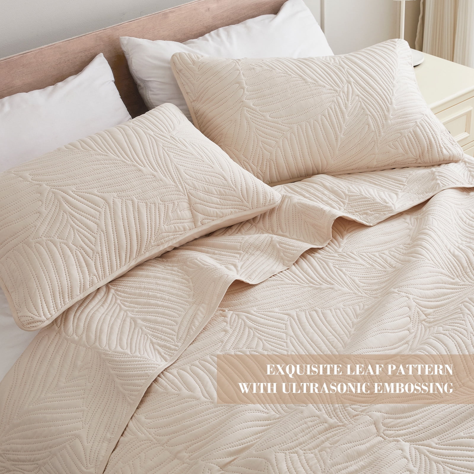 Exclusivo Mezcla Ultrasonic Full Queen Size Quilt Set Brich Beige, 3 Pieces Lightweight Bedspread Leaf Pattern Bed Cover Soft Microfiber Coverlet Bedding Set for All Seasons