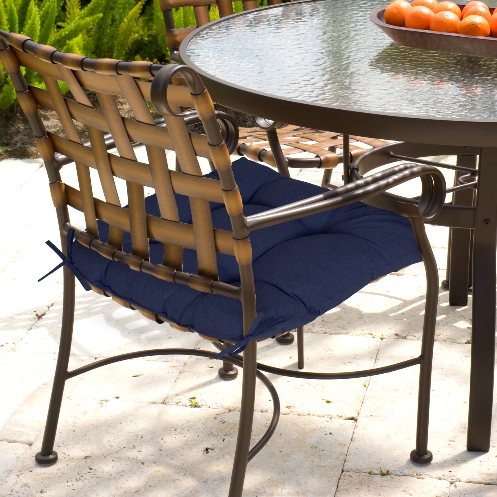 Aoodor 19x19x5 Inch Tufted Outdoor Chair Cushions, Water and Fade Resistant Polyester Dining Chair Pads with Ties for Patio Furniture, Set of 2, Dark Blue