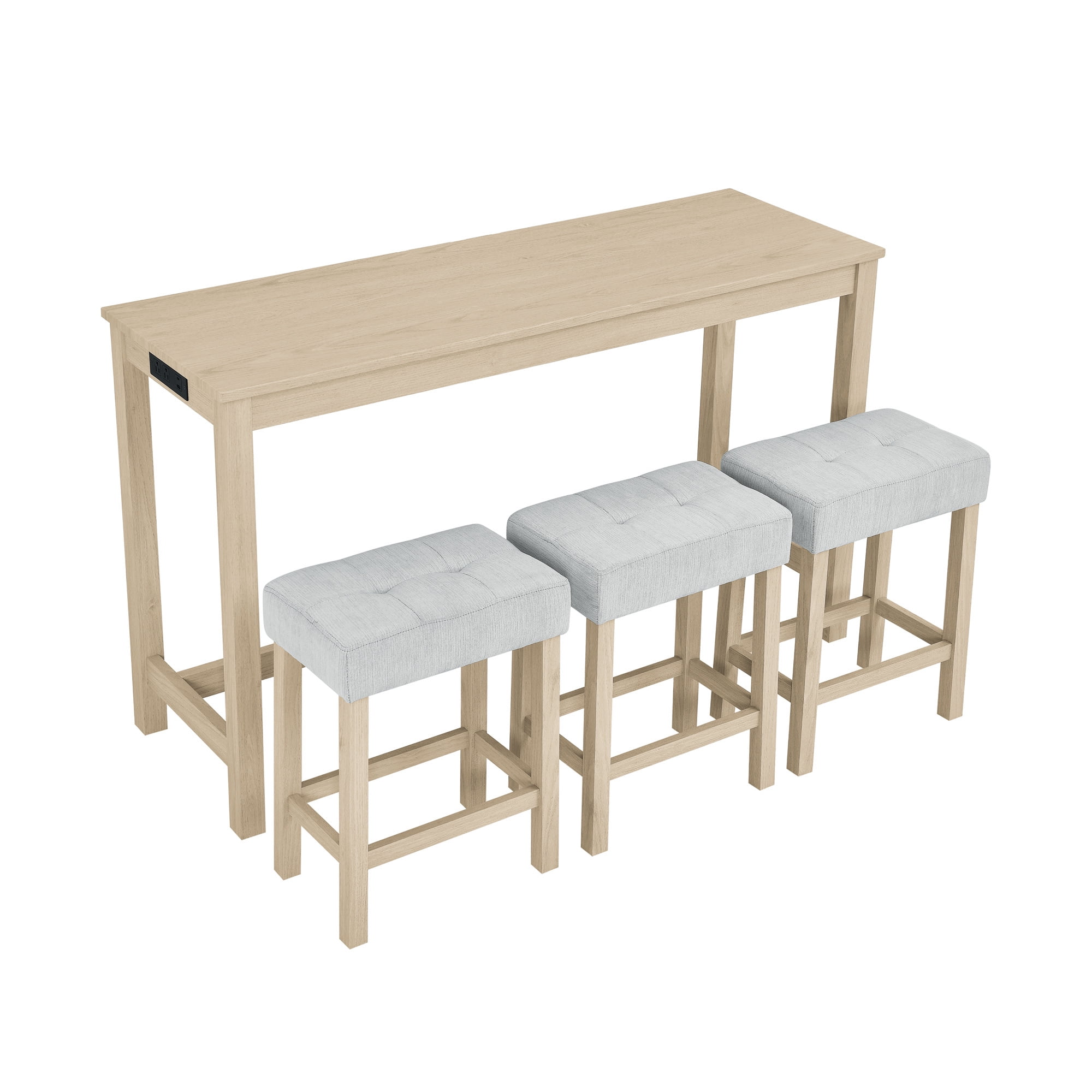 Leumius 4 Piece Bar Table Set with Power Outlet,Rustic Industrial Style Breakfast Table with 3 Padded Stools,Dining Bar Table and Chairs Set for Living Room, Dining Room, Game Room,Light Oak