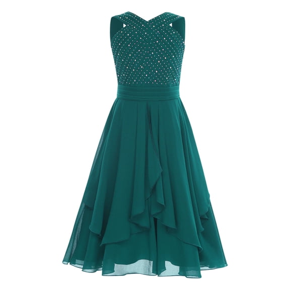 inlzdz Kids Girls Sparkly Rhinestone Dress V Neck Sleeveless Wedding Birthday Party Ruffle Dress Dark Green 8