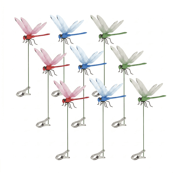 Colorful Lifelike Dragonfly Garden Ornament Clips, Weatherproof Yard Patio Outdoor Decor, Natural Fly Deterrent Hat Clips for Garden Stake & Landscape, 9-Pack