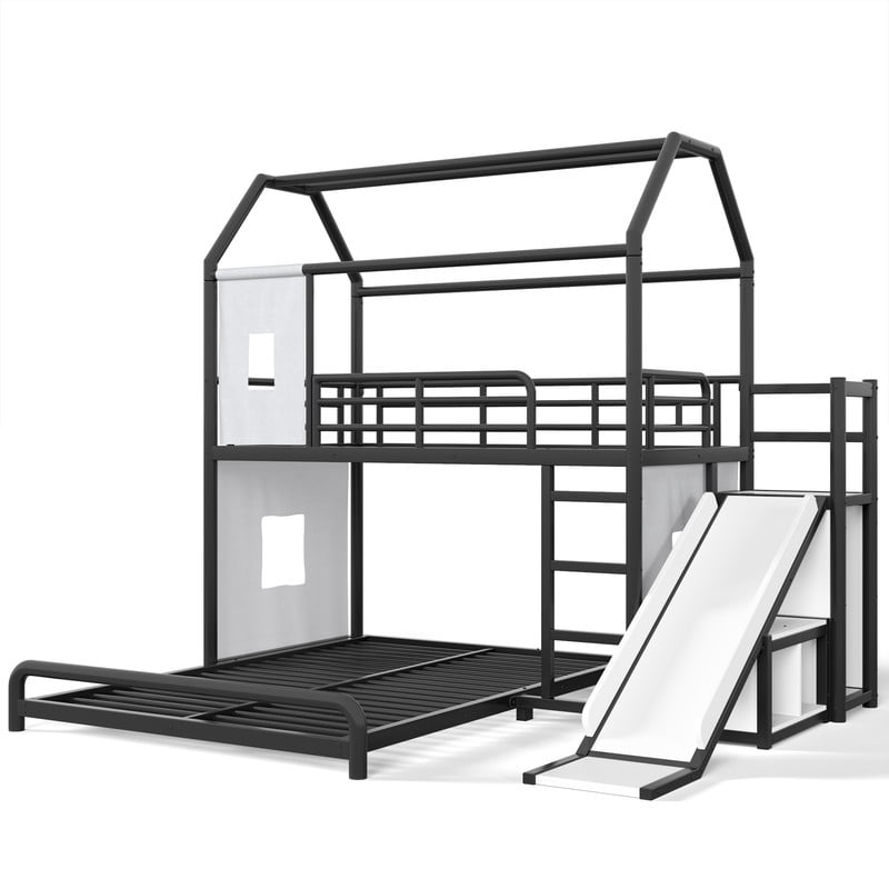 Twin over Full Metal Bunk Bed with Slide, Ladder, LED Light Strip, Privacy Curtain, Movable Storage Cabinet & Hanging Rod, House Shaped Kids Bunk Bed