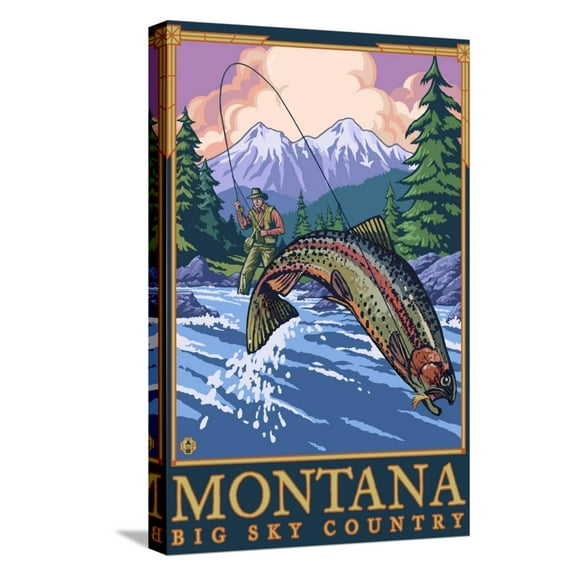 Art.com Montana -- Big Sky Country - Fly Fishing Scene Stretched Canvas Print Wall Art by Lantern Press, 12" x 18"