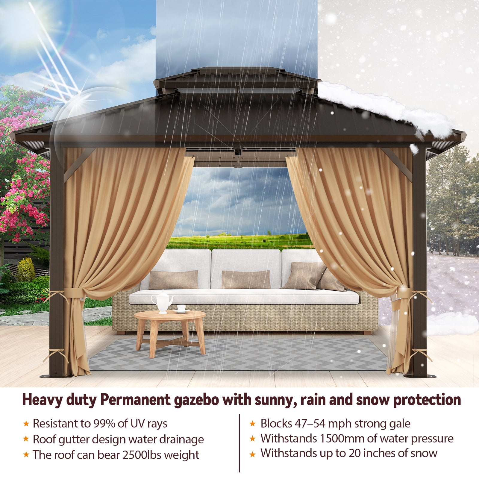 COBIZI 10x12 Hardtop Gazebo Aluminum Gazebos with Galvanized Steel Double Roof Metal Gazebo with Curtains and Netting Permanent Steel Gazebo for Backyard, Garden and Patio, Brown