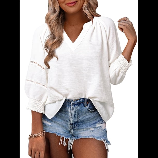 Blusas de 3/4 para Mujer, Plisadas, Informales, de Negocios, con Cuello en V, Holgadas, para Oficina M