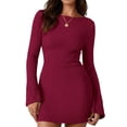 thumbnail image 2 of Women'S Elegant Boat Neck Long Flare Sleeve Ribbed Slim Fit Bodycon Knit Mini Dress Red M, 2 of 9