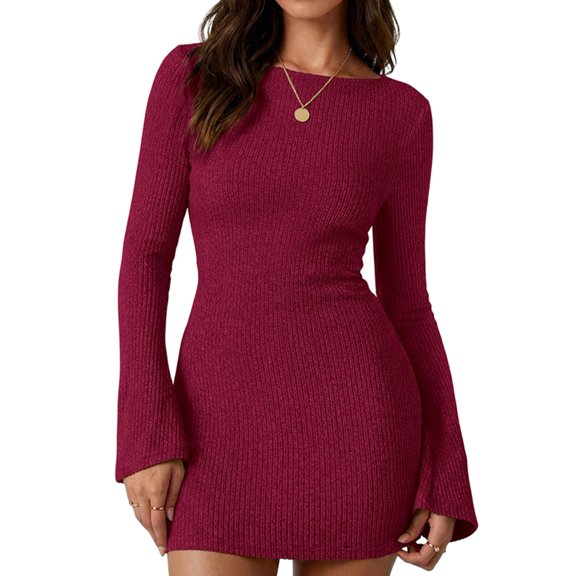 Women's Elegant Boat Neck Long Flare Sleeve Ribbed Slim Fit Bodycon Knit Mini Dress Red S