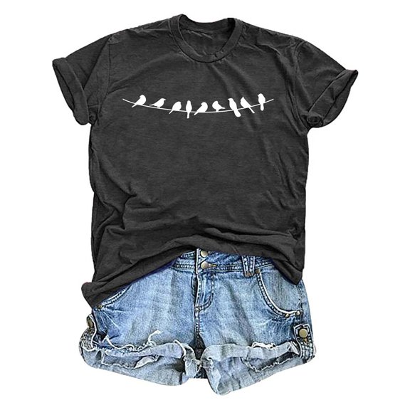 Tiweut Women Casual Tshirts Graphic Printed Round Neck Solid Color Short Sleeve Summer Lady Tees Dark Gray