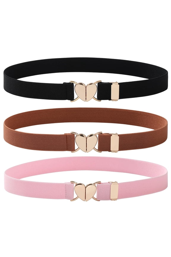 3pcs Elastic Belt for Women Girls, Adjustable Heart Buckle Stretch Belts for Boys Girls