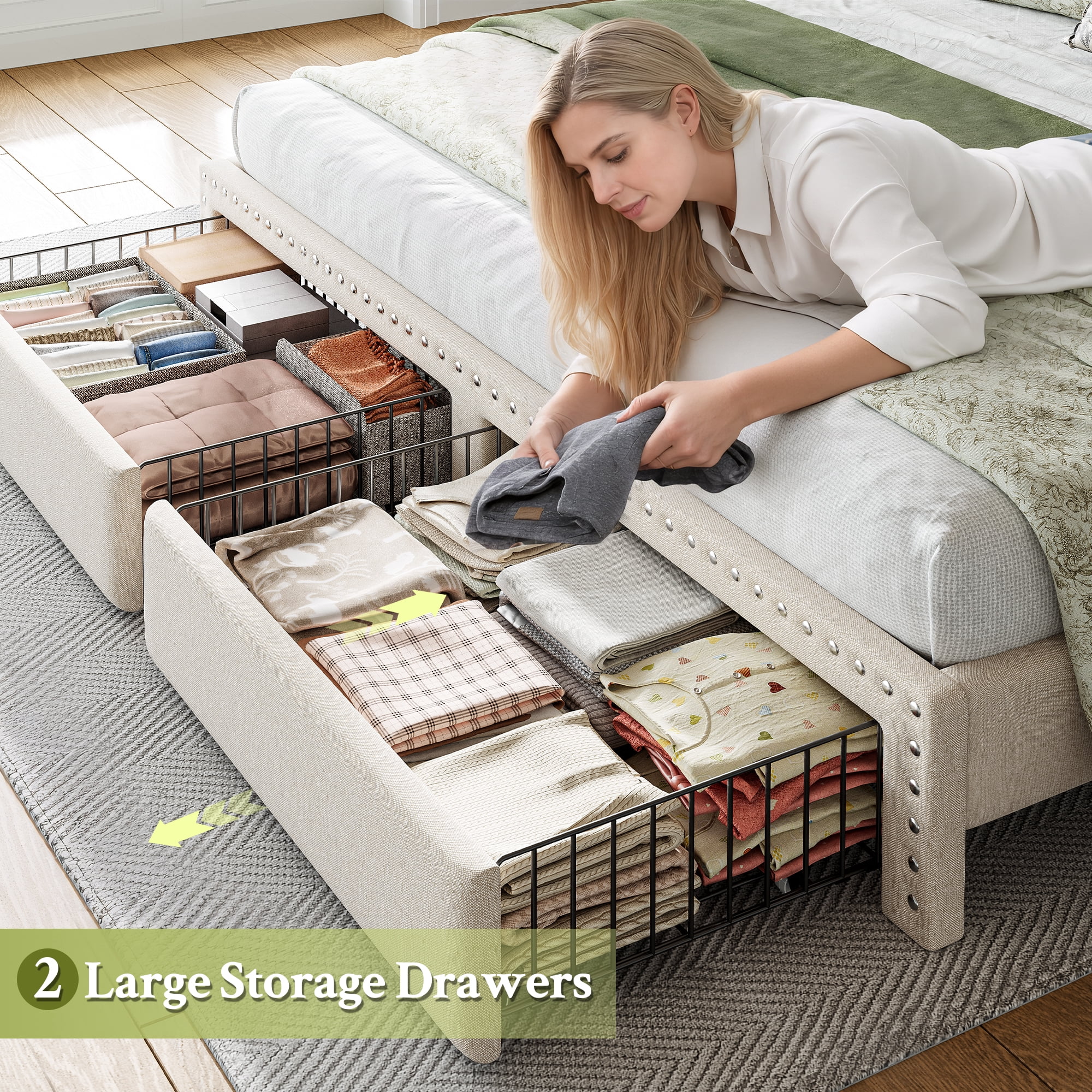 King Size Bed Frame with 2 Storage Drawers Upholstered Bed Frame with 2-Tier Storage Headboard & Charge Station & LED Light,Beige