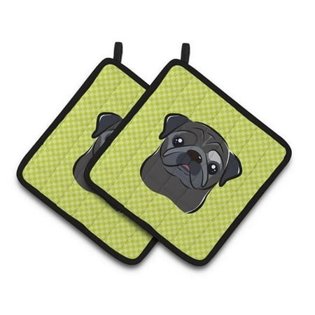 

Checkerboard Lime Green Black Pug Pair of Pot Holders