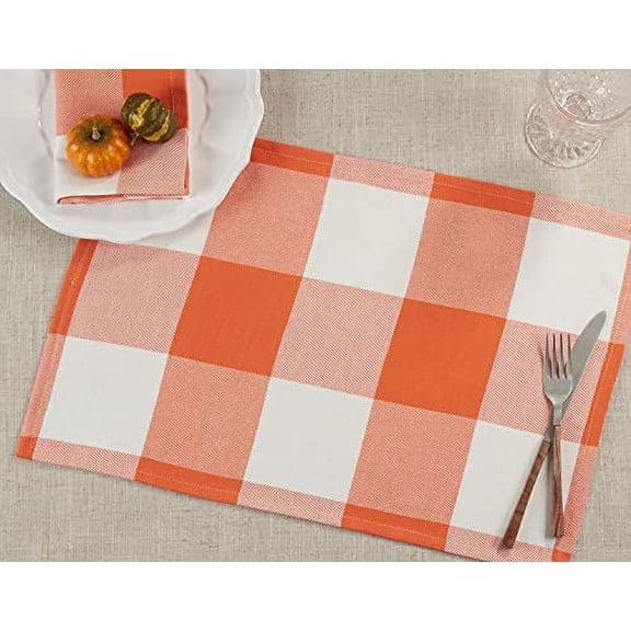 Fennco Styles Autumn Buffalo Plaid Cotton Placemats 14" W x 20" L, Set of 4 - Orange Table Cover for Everyday Use, Home, Dining Table Décor, Banquets, Christmas, Special Events