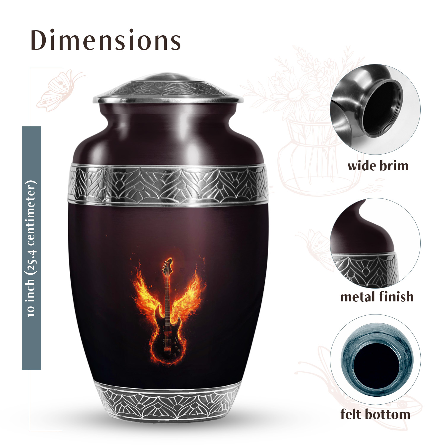 YATSKIA Fire Angel Wings Guitar Urn For Adult Human Ashes Male And Female, Burial Urns For Human Ashes Adult Men And Women, (200 Cubic, Large 10 Inch)