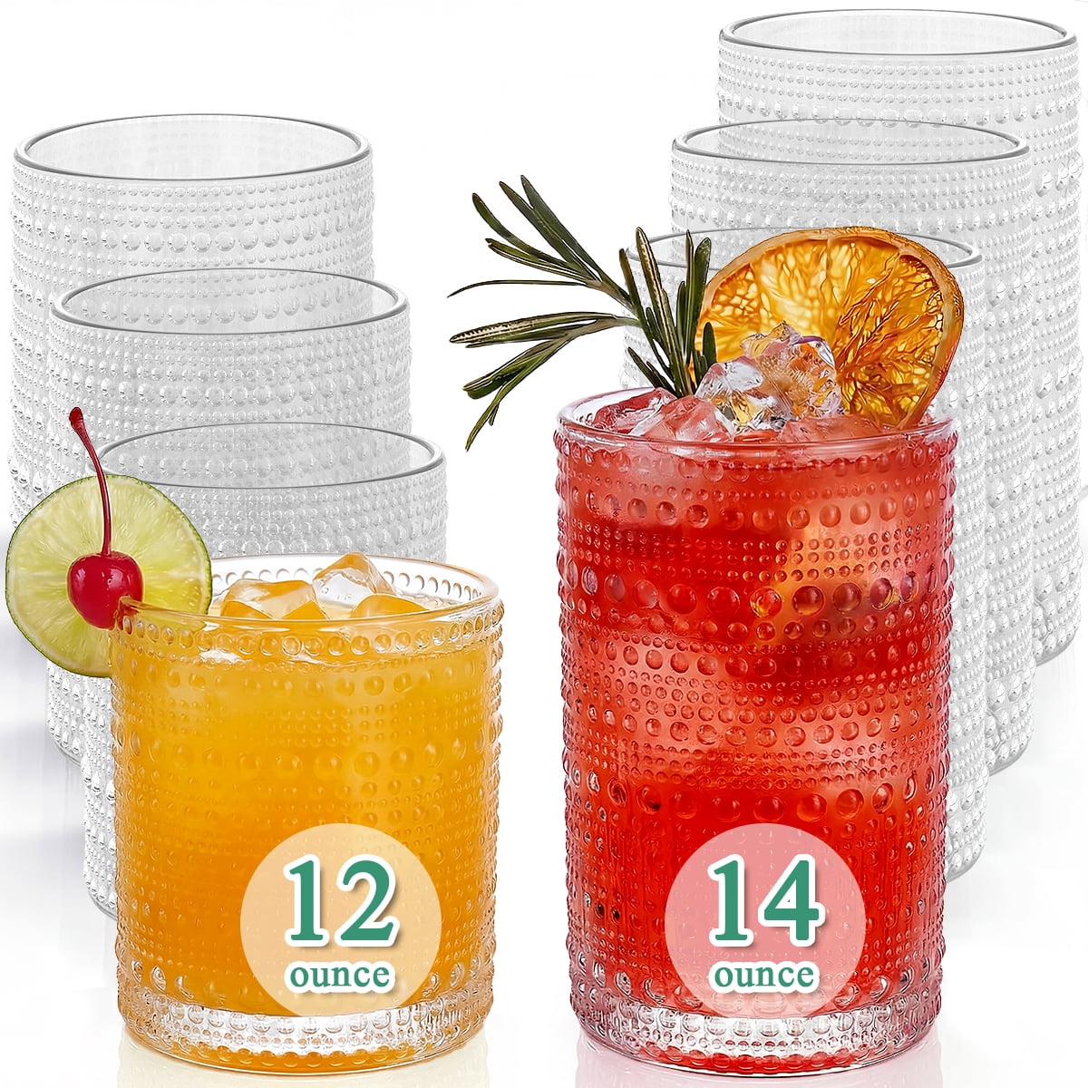 GPED 14 oz Vintage Hobnail Drinking Glasses and 12 oz Hobnail Glass Cups Set of 8, Embossed Water Tumbler, Beaded Glassware, Highball Glasses for Whiskey, Juice, Water, Beer