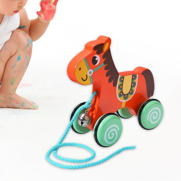 Juguete de madera hecho a mano, juguete de tracción con cuerda, juguetes de actividades de desarrollo temprano, juguete de tracción para niños y niñas Caballo