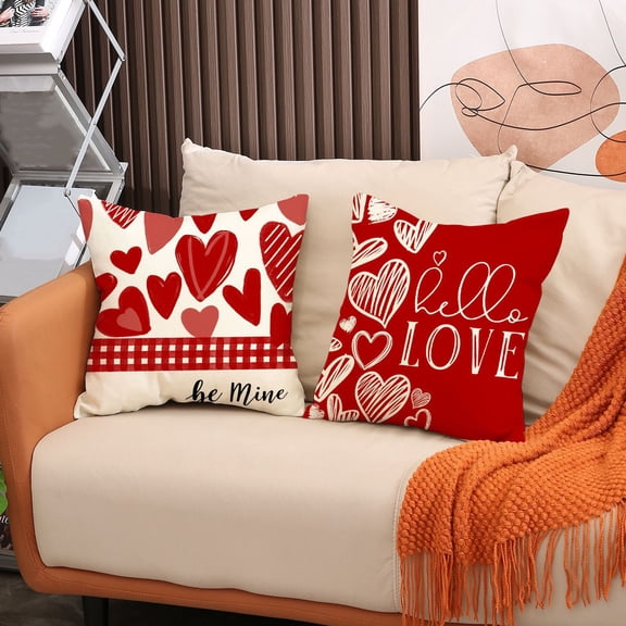 16*16 inch Valentines Pillow Covers , Red Love Heart Outdoor Decorative Throw Pillows for Couch, Anniversary Decor Cushion Cover Farmhouse Linen Pillowcase for Car Sofa