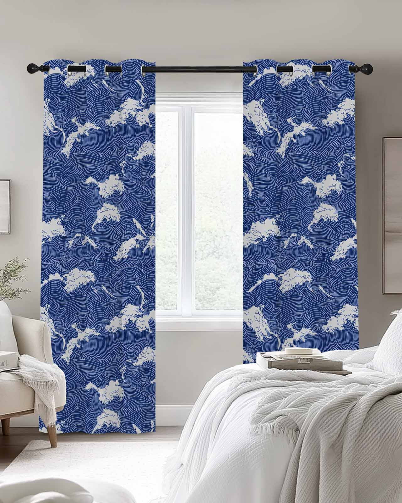 Modern Blackout Curtains for Bedroom Living Room, Ocean Blue Wavy Lines 39 In Long Thermal Insulated Room Darkening Drapes Grommet Window Treatments, 27.5 x 39 In