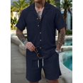 thumbnail image 6 of Men'S Camp Collar Jacquard Button Up Shirt and Drawstring Shorts Two Piece Outfit Navy Blue M, 6 of 9