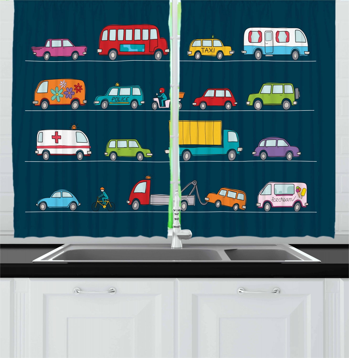 Cars Curtains 2 Panels Set, Hand Drawn Various Types Vehicles Trucks